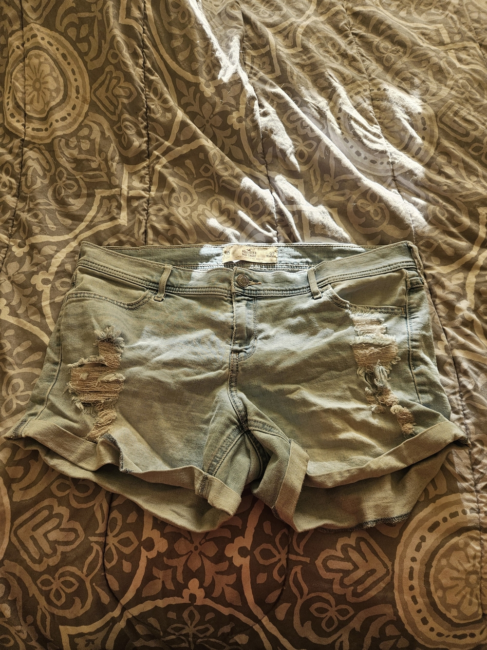 Hollister Washed Olive Distressed Rolled-Hem Denim Shorts